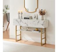 [en.casa] Tavolo a Consolle con Cassetti e Ripiano Mobile Contenitore Alto da Ingresso Corridoio 75 x 120 x 30 cm Telaio in Metallo - Effetto Marmo Bianco