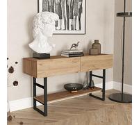 [en.casa] Tavolo Consolle Mobile Contenitore con Ripiano e Scomparti Chiusi con Ante a Ribalta Gambe in Metallo Mobile da Soggiorno Corridoio 76 x 139 x 43 cm- Effetto Rovere/Nero