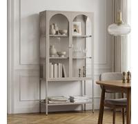 [en.casa] Vetrina a 2 Ante in Vetro Temperato Credenza Alta Mobile Buffet in Acciaio con 3 Scomparti e Ripiano Aperto Libreria per Soggiorno Sala Studio 160 x 80 x 35 cm - Color Cammello