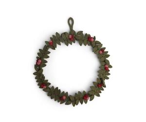 Én Gry & Sif Corona per porta, realizzata a mano, in feltro e commercio equo e solidale, decorazione scandinava per autunno, inverno, Natale, ghirlanda di Natale, colore: verde scuro con bacche rosse