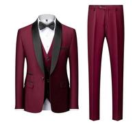 EN8 Abito da Uomo Mariage Colletto 3 Pezzi Business Scialle da Sposa Bavero Smoking Giacca Gilet con Pantaloni Wine Red M