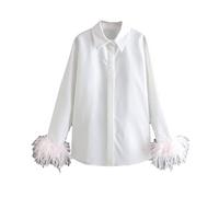 EN8 piume sui polsini camicette da donna bianche eleganti camicette top camicie rosa piuma S