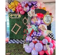 Enanal Alice nel paese delle meraviglie, kit per arco di palloncini con ghirlanda di palloncini, 163 palloncini arcobaleno viola rosa con palloncini a scacchiera, per feste di tè primaverili