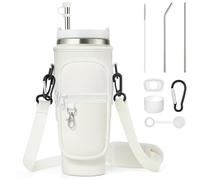 Enbagold Borsa Porta Bottiglia d'Acqua per Stanley Cup da 40oz, Borsa Stanley Cup con Tracolla e Tasca per Telefono, Accessori per Cannucce e Accessori a Tenuta Stagna e Gancio per Moschettone (Beige)