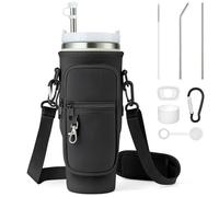Enbagold Borsa Porta Bottiglia d'Acqua per Stanley Cup da 40oz, Borsa Stanley Cup con Tracolla e Tasca per Telefono, Accessori per Cannucce e Accessori a Tenuta Stagna e Gancio per Moschettone (Nero)