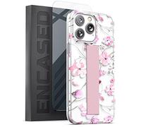 Encased Custodia con cinturino da polso progettata per iPhone 14 PRO MAX con passante per le dita e pellicola protettiva (fiori rosa)