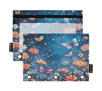 Enchanted Butterflies Blue - Set di 2 astucci per raccoglitori a 3 anelli, cerniera liscia, con finestra in PVC trasparente, astuccio per articoli scolastici