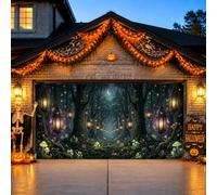 Enchanted Forest - Copertura per porta del garage, con scena di Halloween | Scenario incantato del bosco, striscione per porta del garage, lanterne appese vintage, pavimento misterioso della foresta