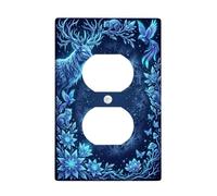 Enchanted Forest Deer Art Fanciful Duplex Outlet Covers Plate | Majestic Forest Animal Art, fantasioso tema bosco, tavolozza di colori blu scuro, dettagli floreali intricati
