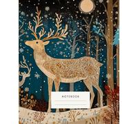 Enchanted Forest Deer Notebook: captures the serene beauty of two majestic deer adorned in intricate golden patterns, standing gracefully amidst a mystical forest under a glowing moon.