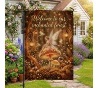 Enchanted Forest Fairy Welcome Quote Fanciful Garden Flag 30,5 x 45,7 cm | Fantasioso tema foresta, bandiera da cortile, lanterne luminose, decorazione a fungo, stile da giardino fantasy