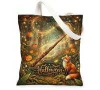 Enchanted Foxes Halloween Magic Canvas Tote Bag 33 x 38 cm | Bacchetta magica, sentiero luminoso, foresta incantata, fogliame autunnale, zucche intagliate, tema bosco, atmosfera mistica