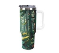 Enchanted Wilderness Fantasy on Dark Green Tazza da caffè da viaggio riutilizzabile durevole in acciaio inox isolato bicchiere con manico e cannuccia resistente alle perdite, tazza termica portatile