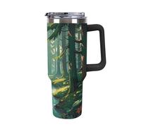 Enchanted Wilderness Fantasy on Dark Green Tazza da caffè da viaggio riutilizzabile durevole in acciaio inox isolato bicchiere con manico e cannuccia resistente alle perdite, tazza termica portatile