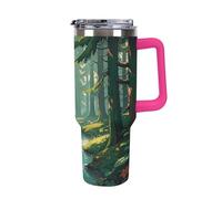 Enchanted Wilderness Fantasy on Dark Green Tazza da caffè da viaggio riutilizzabile durevole in acciaio inox isolato bicchiere con manico e cannuccia resistente alle perdite, tazza termica portatile