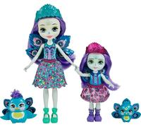 Enchantimals Set famiglia con 2 bambole sorelle piccole e 2 figure di animali, patter (15,2 cm) e Piera (10,2 cm) bambole pavone in gonne rimovibili e accessori