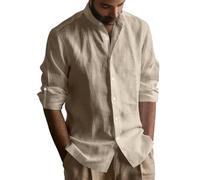 EndoraDore Camicia da uomo a maniche lunghe, in lino, per il tempo libero, colletto alto, vestibilità regolare, cachi, XXL