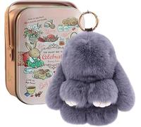 Endyniner Bunnylulu Portachiavi con squisita scatola, grazioso ciondolo a forma di coniglietto con pompon da donna, realizzato a mano, morbido e soffice coniglio, ciondolo per borsa in peluche, Grigio