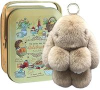 Endyniner Bunnylulu Portachiavi con squisita scatola, grazioso ciondolo a forma di coniglietto con pompon da donna, realizzato a mano, morbido e soffice coniglio, ciondolo per borsa in peluche, cachi