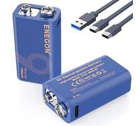 ENEGON 2 pacchi Batteria Ricaricabile 9V 5000mWh (1350mAh) con Ricarica Type-C, Carica Completa in 3 Ore, Indicatore LED, Batteria Li-Ion ad Alta Capacità per Rilevatori di Fumo, Campanelli e altro