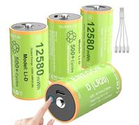 ENEGON Batterie D ricaricabili (4 pezzi) 1,5 V al litio - Type-C (5 V/1 A), 12580 mWh, LR20 con indicatore di carica, incl. cavo 1-a-4, per lanterna da campeggio/radio/giocattoli/luci di emergenza