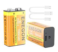 ENEGON Confezione da 2 batterie ricaricabili al litio 9V, 1100mAh (9900mWh) con ricarica rapida USB-C - Batterie 6F22 ad alta capacità per chitarre elettriche, motori, rilevatori di fumo, microfoni e