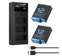 ENEGON Set di caricabatterie triplo - 2 batterie agli ioni di litio per Hero 12/11/10/9 Black (Pacchetto completo: caricabatterie a 3 canali + 2 batterie)