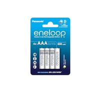 eneloop, batterie ricaricabili AAA/Micro, confezione da 4, capacità di min. 800 mAh, batterie Ni-MH, pronte all'uso, ricaricabili fino a 2000 volte, confezione senza plastica, standard, bianche