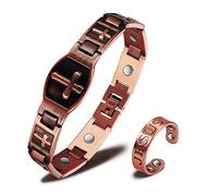 EnerCoppeX Combinazione magnetica in puro rame al 99,99% (bracciale e anello) che rappresenta la buona benedizione di Gesù Cristo, croce cristiana, sacchetto regalo (D), 8.5 inch, Rame