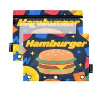 Energetic Hamburger Dark - Set di 2 astucci per raccoglitori a 3 anelli, cerniera liscia con finestra in PVC trasparente, astuccio per articoli scolastici