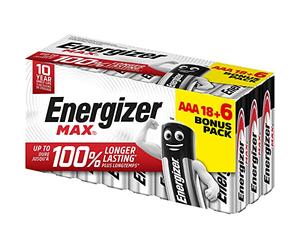 Energizer - Max, confezione da 18+6 batterie AAA 1,5 V, più potenza e lunga durata per uso quotidiano, senza solfatazioni e mantiene carica 10 anni