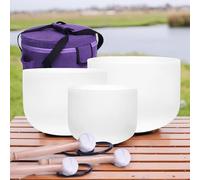 Energysoun - Set di 3 campane tibetane in cristallo di quarzo satinato, 432 Hz, 28 cm, F, 17,8 cm, B, con custodia in tela