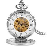 ENESEA Orologio da taschino decorativo, Orologio da tasca retrò, Argento lucido Doppio cacciatore Numeri romani Meccanico Orologio con ciondolo scheletro dorato Carica manuale