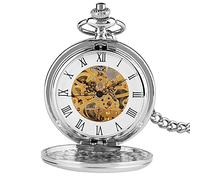 ENESEA Orologio da taschino decorativo, Orologio da tasca retrò, Argento lucido Doppio cacciatore Numeri romani Meccanico Orologio con ciondolo scheletro dorato Carica manuale