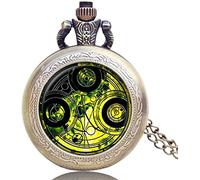 ENESEA Orologio da taschino decorativo, verde Gallifrey Timelord Seal effetto bronzo cassa retrò/vintage Full Hunter orologio da tasca al quarzo da uomo/ragazzo collana - su catena da 80 cm/80 cm