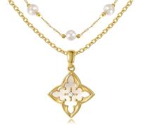 Enforgio Set di gioielli con collana a quadrifoglio d'oro e catena di perline di vetro, delicata collana con ciondolo placcato oro 14 carati, collana girocollo regolabile con ciondolo colorato a