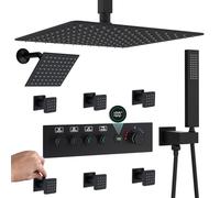 Enga Set rubinetto doccia nero opaco sistema doccia, 40,6 cm+15,2 cm doppia testa con palmare e 6 getti corpo, 4 vie display temperatura deviatore, sistema di getto doccia uso in una volta
