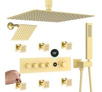 Enga Set rubinetto doccia oro spazzolato sistema doccia, 40,6 cm+15,2 cm doppia testa con palmare e 6 getti corpo, 4 vie display temperatura deviatore, sistema di getto doccia uso in una volta