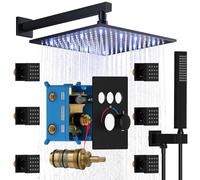 Enga Sistema di getti doccia termostatici (tutte le funzioni contemporaneamente), doccia a pioggia LED da 30,5 cm, montaggio a parete con 6 getti spray corpo e doccia portatile, contiene valvola
