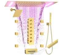 Enga Sistema doccia a soffitto a LED da 35,6 x 50,8 cm con beccuccio per vasca, soffione a cascata con testa da 15,2 cm, 6 getti corpo, 2 in 1, set doccia termostatico, uso simultaneo, oro spazzolato