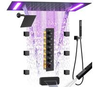 Enga Sistema doccia a soffitto a LED da 35,6 x 50,8 cm con beccuccio per vasca, soffione a cascata con testa da 15,2 cm, 6 getti corpo, 2 in 1, set doccia termostatico, uso simultaneo, nero opaco