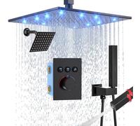 Enga Sistema doccia termostatico a doppia testa, montaggio a soffitto, soffione doccia LED da 30,5 cm con soffione doccia da 15,2 cm, deviatore a pulsante con doccetta 2 in 1, nero opaco