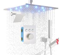 Enga Sistema doccia termostatico a doppia testa, montaggio a soffitto, soffione doccia LED da 30,5 cm con soffione doccia da 15,2 cm, deviatore a pulsante con doccetta 2 in 1, nichel spazzolato
