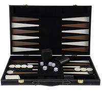 Engelhart - 250504 - Gioco di Backgammon in Legno Deluxe in Custodia Rivestita in Similpelle, 2 Giocatori, 5 Dadi, 2 Tazze e Shuffleboard (Marrone/Avorio 45,7 cm)
