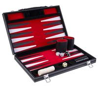 Engelhart - 250516 - Backgammon 15” (38 cm) in Similpelle Cucita - Tavola con Velluto e Cuciture - Aperta: 36x48 cm - Rosso, Nero, Bianco - Valigetta da Backgammon per 2 Giocatori