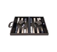 Engelhart-250563 - Backgammon 18 Pollici (46,7 cm) Valigetta Lusso Pelle Verde Oliva/Crema - Interno Intarsiato - Aperto 57,6 × 46,7 cm - Pedine Nere/Bianche - Dadi e Bicchieri - Gioco di Lusso