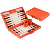 Engelhart-250565 - Backgammon 18 Pollici (46,7 cm) Valigetta Lusso Similpelle Arancione - Tavolo Intarsiato - Aperto 56,4 × 46,7 cm - Pedine Nere/Arancioni - Dadi e Bicchieri - Gioco Classico