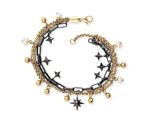 Engelsrufer Bracciale da donna boho in argento sterling nero e dorato, con ciondolo a stelle e perle, regolabile in due lunghezze, senza nichel, 17 cm, Acciaio inossidabile, Nessuna pietra preziosa