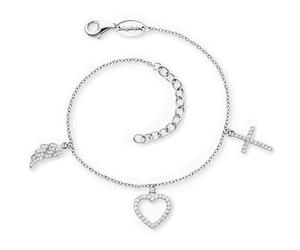 Engelsrufer Bracciale da donna in argento sterling con zirconi e ciondolo - croce cuore ali d'angelo - chiusura a moschettone - lunghezza regolabile - senza nichel, 17+3cm, Argento sterling, Zirconia