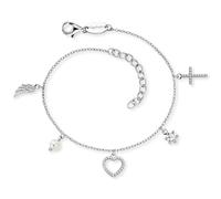 Engelsrufer Bracciale da donna in argento sterling con zirconi, perle e ciondoli - croce cuore ali d'angelo - chiusura a moschettone - lunghezza regolabile - senza nichel, 17+3cm, Argento sterling,